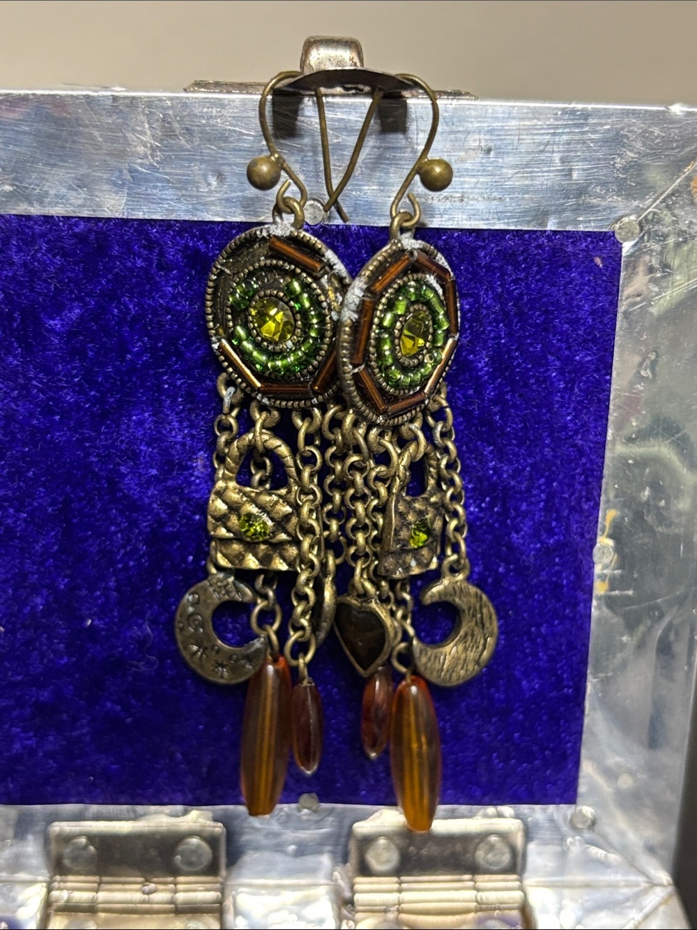 Eclectic Charm Vintage Dangle Tigers Eye Heart Chain Drop Earrings